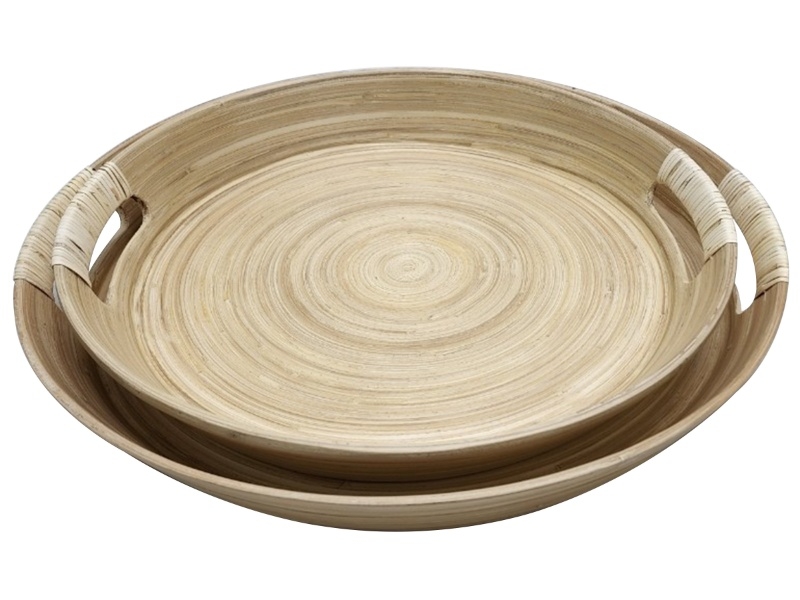 Bespoke Round Bamboo Serving Tray Set with Rattan Accents - Eco-Friendly Tableware